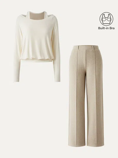 Oglmove 2pcs Set Multi-wear Layering Bra Top & High Waisted Straight Leg Pull On Pant In Off White/heather Morganite