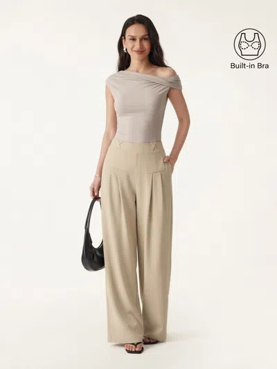 Oglmove 2pcs Set Multi-wear Necklines Bra & Wide Leg Trouser With Pockets