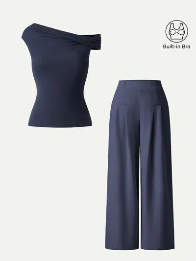 Oglmove 2pcs Set Multi-wear Necklines Bra & Wide Leg Trouser With Pockets