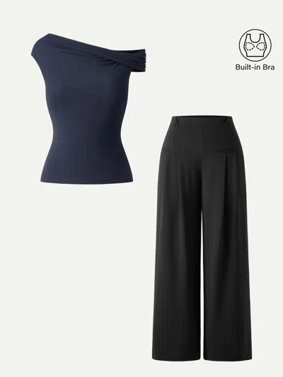 Oglmove 2pcs Set Multi-wear Necklines Bra & Wide Leg Trouser With Pockets In Black