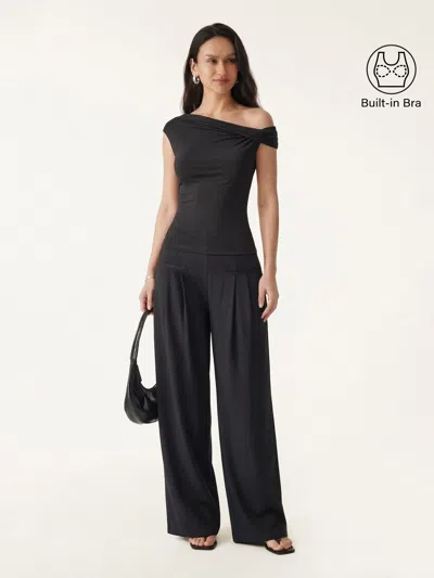 Oglmove 2pcs Set Multi-wear Necklines Bra & Wide Leg Trouser With Pockets In Black