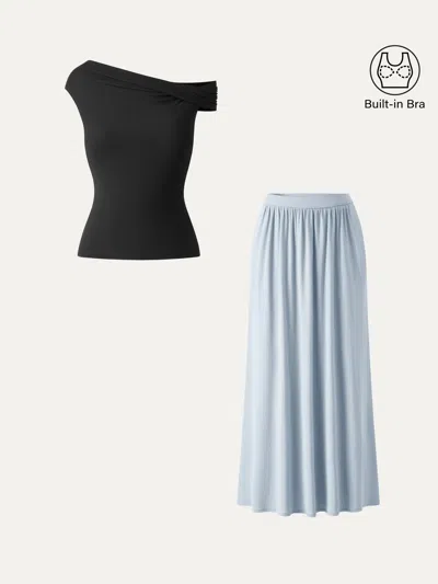 Oglmove 2pcs Set Multi-wear Necklines Bra Top & Gathered A-line Maxi Skirt With Pockets In Black/dew Sky
