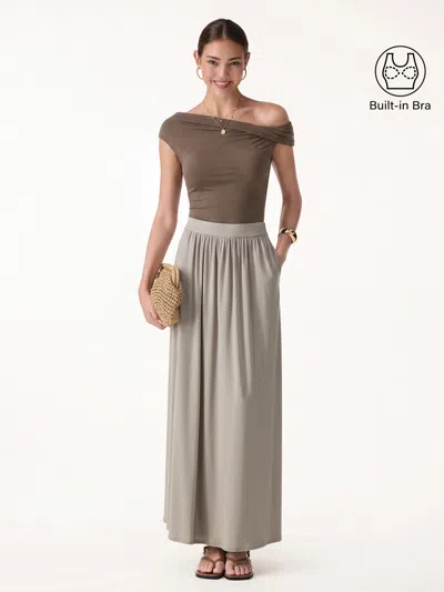 Oglmove 2pcs Set Multi-wear Necklines Bra Top & Gathered A-line Maxi Skirt With Pockets In Iced Mocha/dark Alabaster