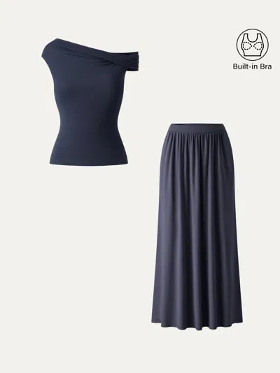 Oglmove 2pcs Set Multi-wear Necklines Bra Top & Gathered A-line Maxi Skirt With Pockets In Midnight Navy/smoky Navy