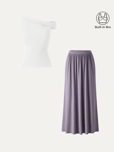 Oglmove 2pcs Set Multi-wear Necklines Bra Top & Gathered A-line Maxi Skirt With Pockets In Pure White/blue Lilac