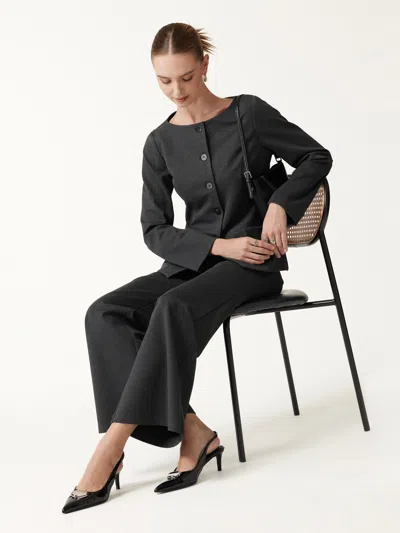 Oglmove 2pcs Set Neck Long Sleeve Jacket With Pockets & Mid-rise Wide-leg Pants With Pockets In Heather Black Grey
