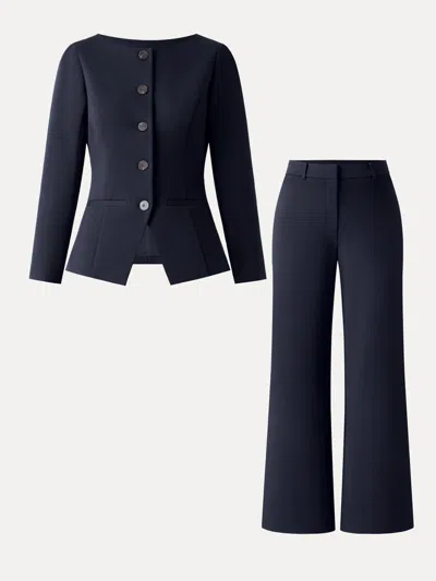 Oglmove 2pcs Set Neck Long Sleeve Jacket With Pockets & Mid-rise Wide-leg Pants With Pockets In Universe Navy
