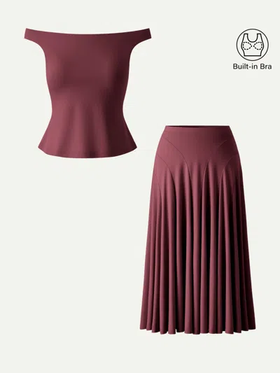 Oglmove 2pcs Set Off-shoulder Bra Top & Mid Rise Midi Skirt