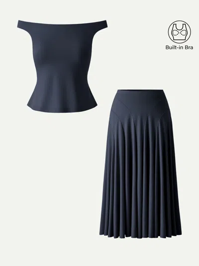Oglmove 2pcs Set Off-shoulder Bra Top & Mid Rise Midi Skirt In Blue