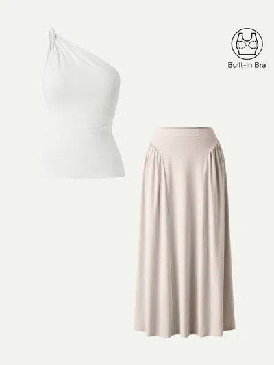 Oglmove 2pcs Set One Shoulder Bra Tank & Flared Midi Skirt With Pockets