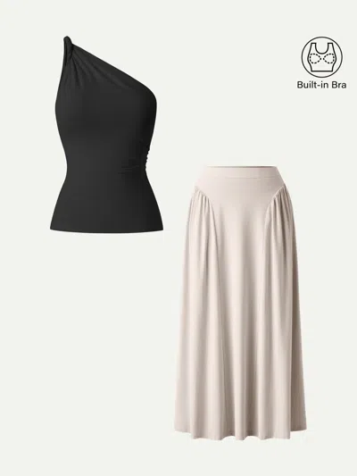 Oglmove 2pcs Set One Shoulder Bra Tank & Flared Midi Skirt With Pockets In Black