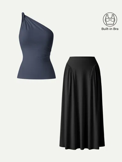 Oglmove 2pcs Set One Shoulder Bra Tank & Flared Midi Skirt With Pockets In Black