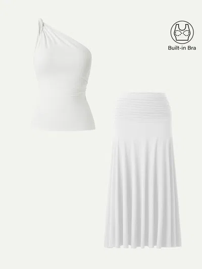 Oglmove 2pcs Set One Shoulder Twisted Bra Tank & Mid Rise A-line Maxi Skirt In White