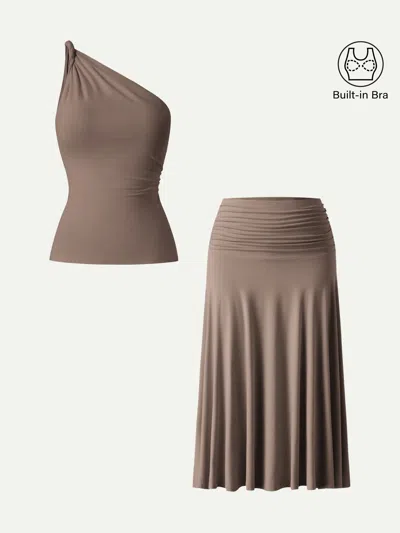 Oglmove 2pcs Set One Shoulder Twisted Bra Tank & Side Ruched A-line Midi Skirt