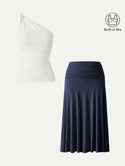 Oglmove 2pcs Set One Shoulder Twisted Bra Tank & Side Ruched A-line Midi Skirt