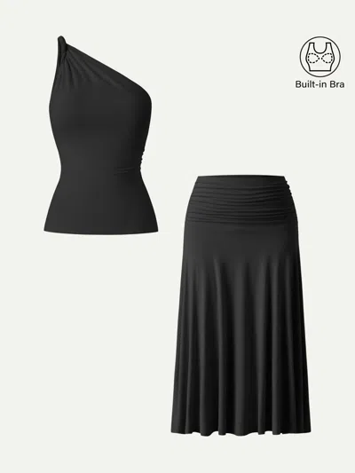 Oglmove 2pcs Set One Shoulder Twisted Bra Tank & Side Ruched A-line Midi Skirt In Black