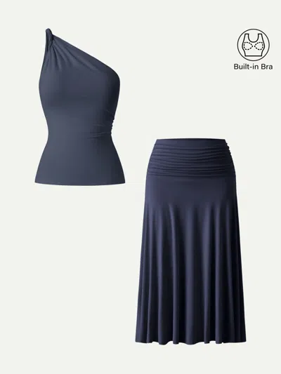 Oglmove 2pcs Set One Shoulder Twisted Bra Tank & Side Ruched A-line Midi Skirt In Blue