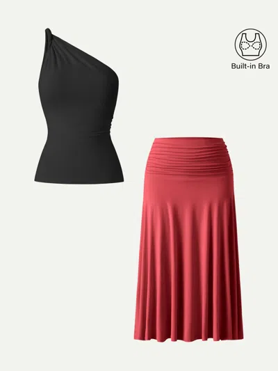 Oglmove 2pcs Set One Shoulder Twisted Bra Tank & Side Ruched A-line Midi Skirt In Multi