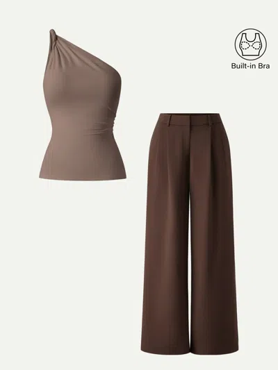 Oglmove 2pcs Set One Shoulder Twisted Bra Tank & Wide Leg Pant With Pockets