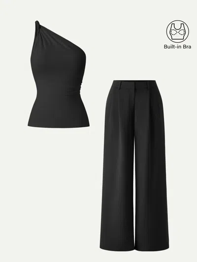 Oglmove 2pcs Set One Shoulder Twisted Bra Tank & Wide Leg Pant With Pockets