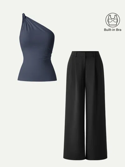 Oglmove 2pcs Set One Shoulder Twisted Bra Tank & Wide Leg Pant With Pockets In Black
