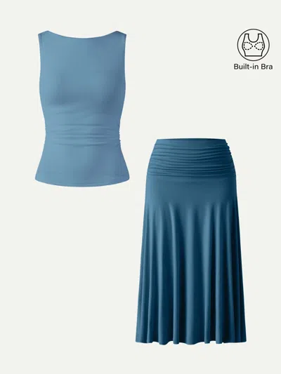 Oglmove 2pcs Set Open Back Bra Tank & Side Ruched A-line Midi Skirt