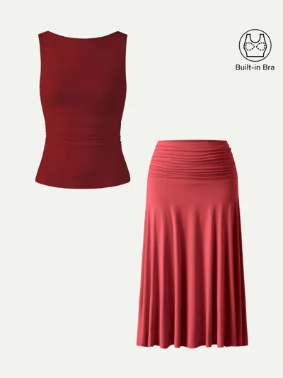 Oglmove 2pcs Set Open Back Bra Tank & Side Ruched A-line Midi Skirt