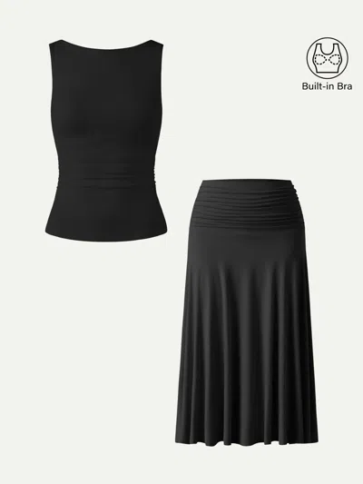 Oglmove 2pcs Set Open Back Bra Tank & Side Ruched A-line Midi Skirt In Black