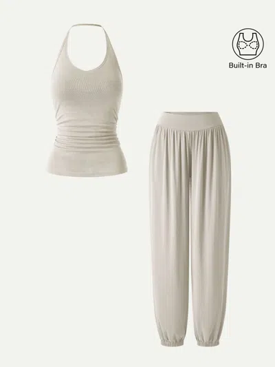 Oglmove 2pcs Set Open Back Bra Top & Balloon Pants With Pockets In Gray