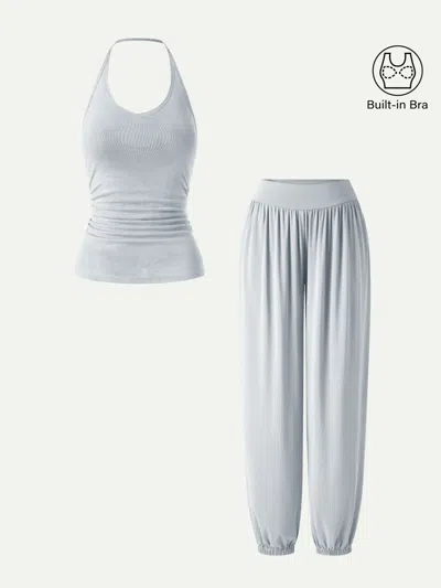 Oglmove 2pcs Set Open Back Bra Top & Balloon Pants With Pockets In Gray