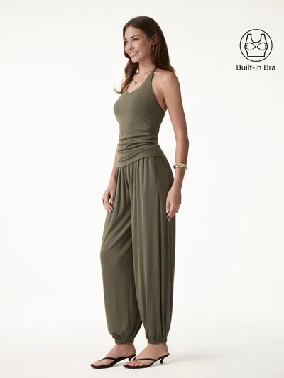 Oglmove 2pcs Set Open Back Bra Top & Balloon Pants With Pockets In Green