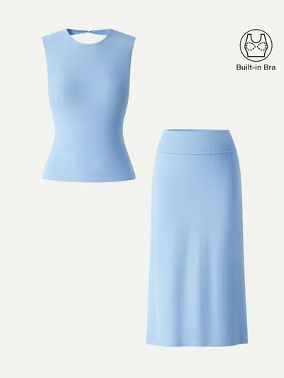 Oglmove 2pcs Set Open-back Bra Tank & Fold-down Waistband Midi Skirt In Blue