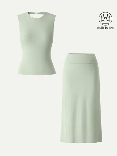 Oglmove 2pcs Set Open-back Bra Tank & Fold-down Waistband Midi Skirt In Green