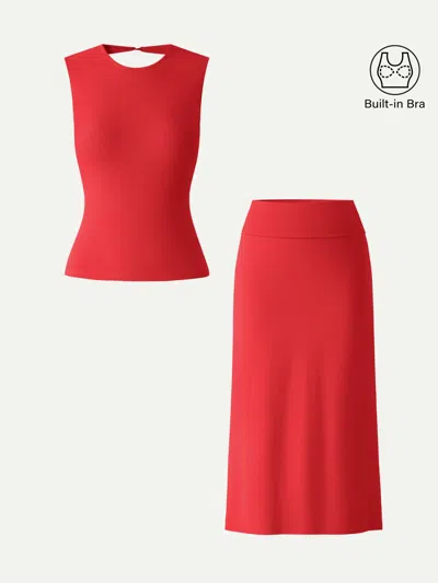 Oglmove 2pcs Set Open-back Bra Tank & Fold-down Waistband Midi Skirt In Red