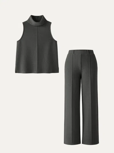 Oglmove 2pcs Set Petite High Waisted Straight Leg Pant & Split Hem Top