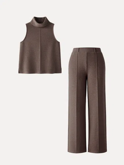 Oglmove 2pcs Set Petite High Waisted Straight Leg Pant & Split Hem Top In Chocolate Brown