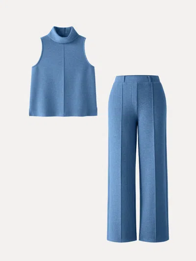 Oglmove 2pcs Set Petite High Waisted Straight Leg Pant & Split Hem Top In Heather Rock Blue