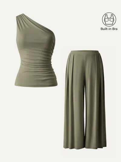 Oglmove 2pcs Set Petite Wide Leg Palazzo Pants With Pockets & Ruched Bra Tank In Multi