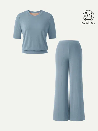 Oglmove 2pcs Set Petite Wide Leg Pant With Pockets & Crewneck Bra Top In Air Force Blue
