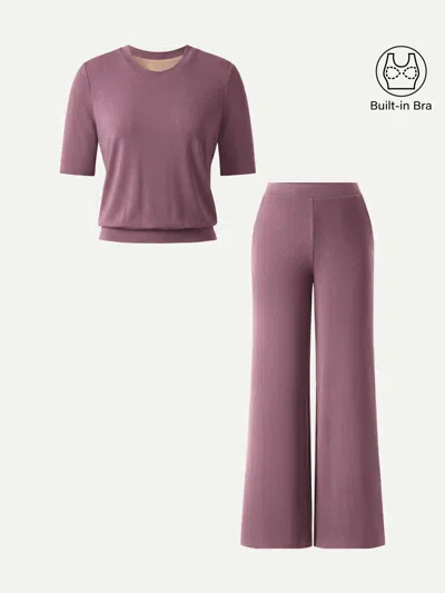 Oglmove 2pcs Set Petite Wide Leg Pant With Pockets & Crewneck Bra Top In Rose Plum