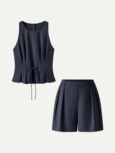 Oglmove 2pcs Set Pleated Self-tie Top & Tailored Shorts With Pockets In Blue