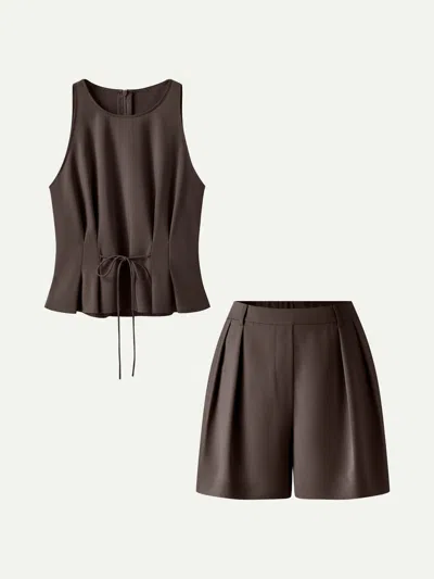 Oglmove 2pcs Set Pleated Self-tie Top & Tailored Shorts With Pockets In Burgundy