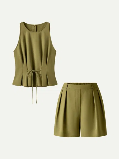 Oglmove 2pcs Set Pleated Self-tie Top & Tailored Shorts With Pockets In Green