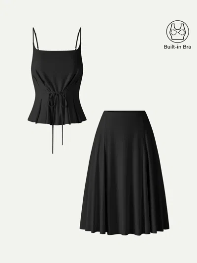 Oglmove 2pcs Set Ponte Spaghetti Brami & Midi Skirt With Pockets In Black