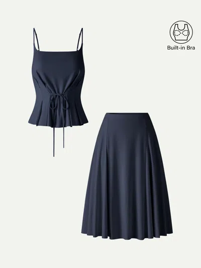 Oglmove 2pcs Set Ponte Spaghetti Brami & Midi Skirt With Pockets In Blue