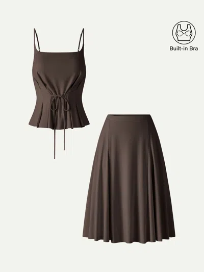 Oglmove 2pcs Set Ponte Spaghetti Brami & Midi Skirt With Pockets In Brown