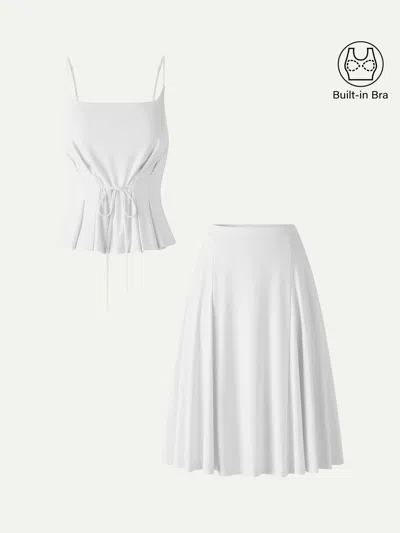 Oglmove 2pcs Set Ponte Spaghetti Brami & Midi Skirt With Pockets In White
