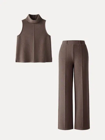 Oglmove 2pcs Set Regular Split Hem Top & High Waisted Straight Leg Pant In Chocolate Brown