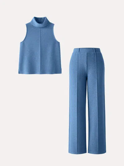 Oglmove 2pcs Set Regular Split Hem Top & High Waisted Straight Leg Pant In Heather Rock Blue