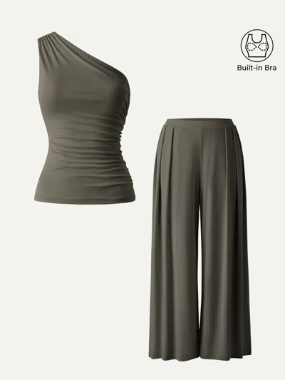 Oglmove 2pcs Set Regular Wide Leg Palazzo Pant With Pockets & Ruched Bra Tank In Forest Olive
